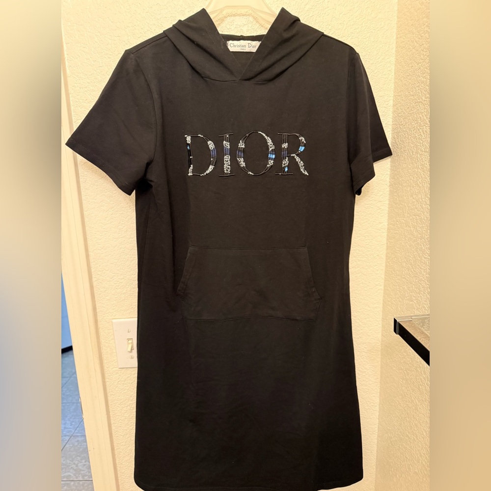 Dior Black Short-Sleeve Hoodie Tunic with Blue Accent Logo